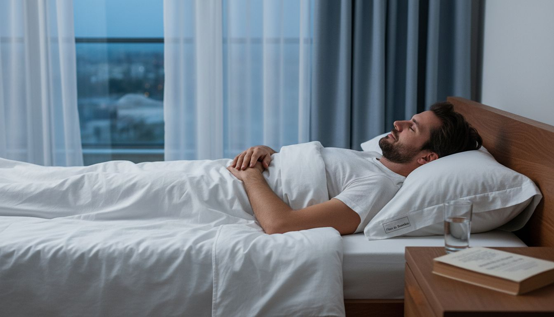 Un bărbat se bucură de momente de relaxare, întins pe pat, învăluit în prospețimea unei lenjerii de pat răcoritoare.