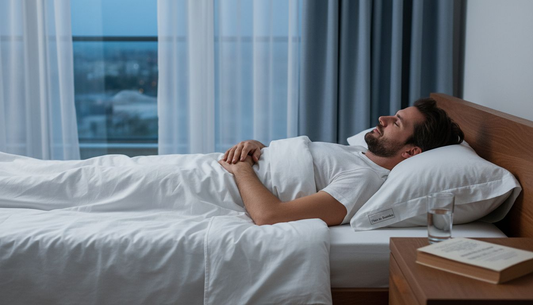 Un bărbat se bucură de momente de relaxare, întins pe pat, învăluit în prospețimea unei lenjerii de pat răcoritoare.