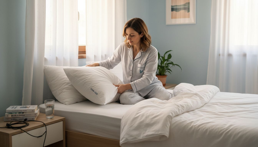 O femeie aranjează perna hipoalergenică într-un dormitor luminat de razele soarelui.