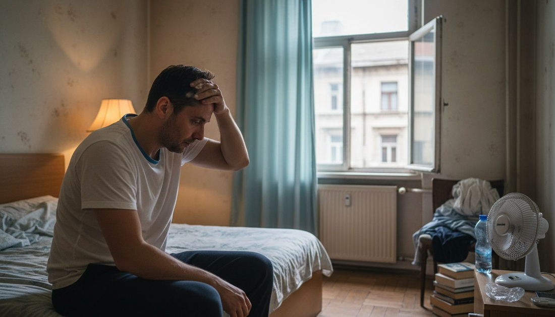 Un bărbat, cu fața plină de sudoare, stă pe marginea patului, lângă un ventilator care abia reușește să-i mai răcorească puțin aerul încins.